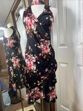 paper doll Black Midi Dress with Pink Floral Print